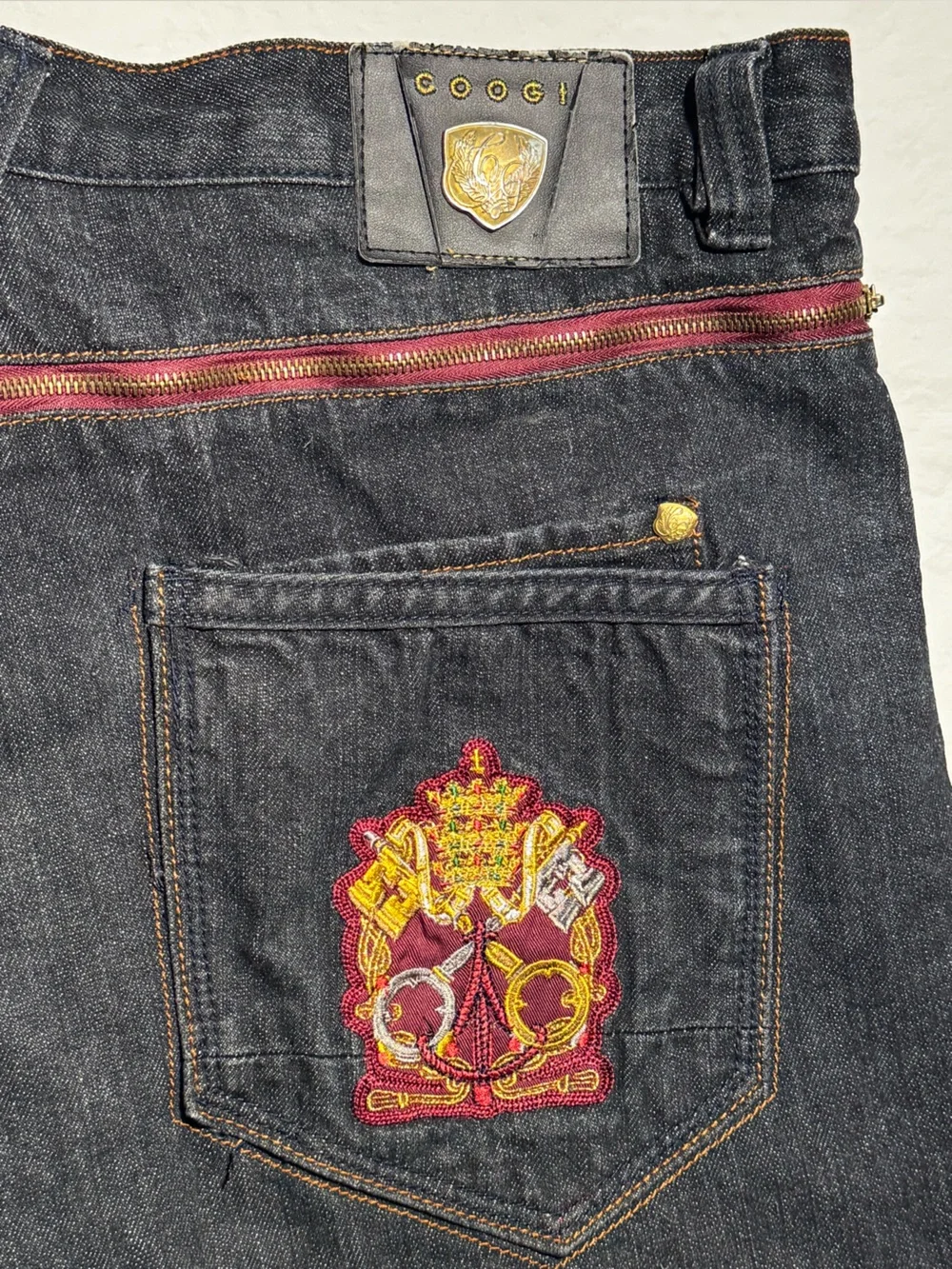 COOGI Black Denim Jeans with Red & Gold Embroidered Back 42x 16 1/2